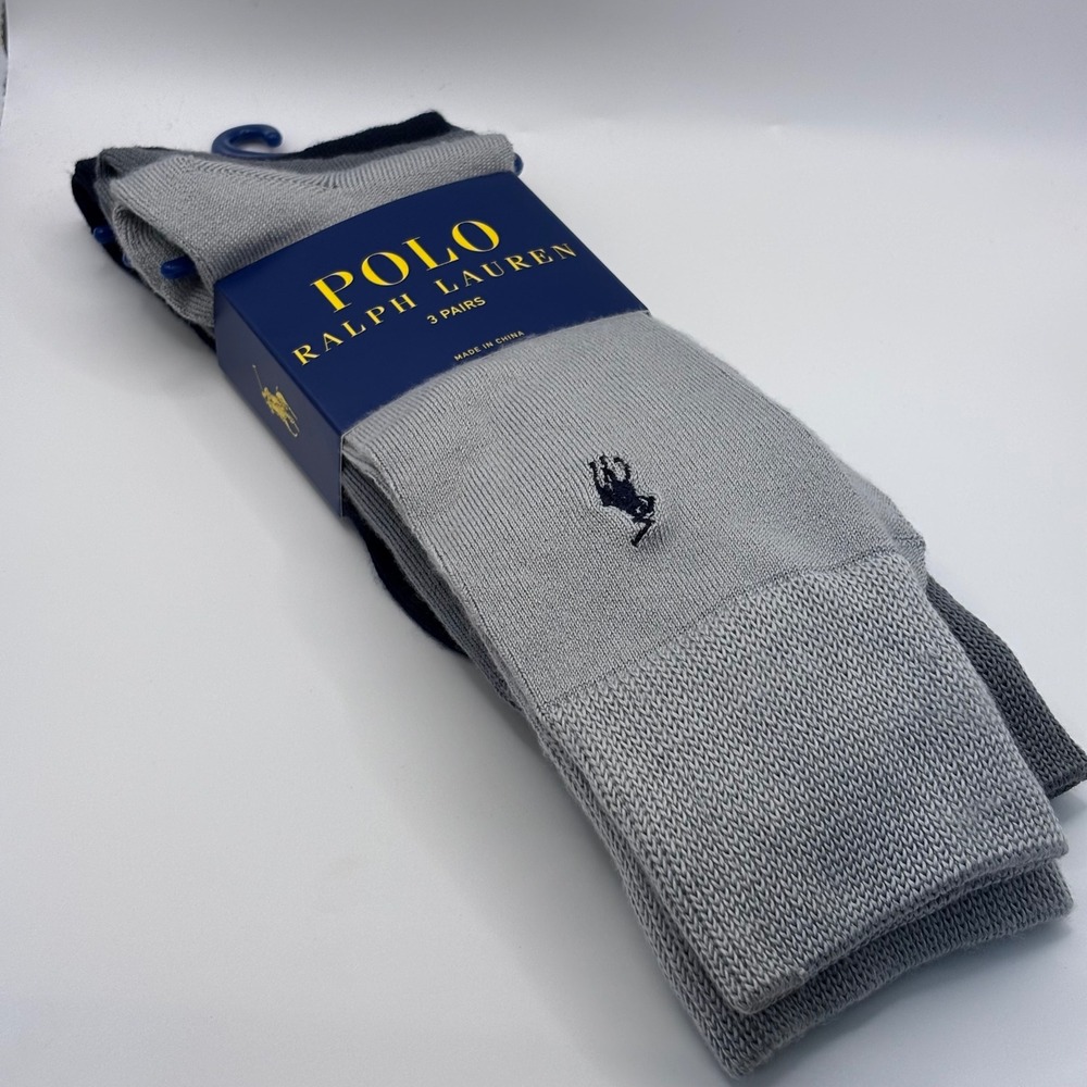 Polo Ralph Lauren Dress Socks Mens 10-13 Grey Navy 3 Pair New ZP899746PKN Crew